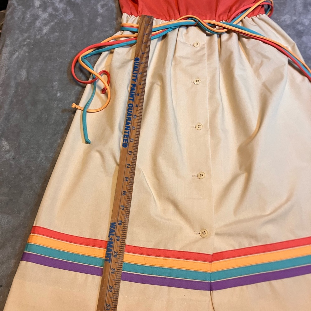 VNTG 70s 80s Rainbow A-Line Toni Todd Dress Cotton Coral Crème Retro S No Sz Tag - Picture 6 of 10